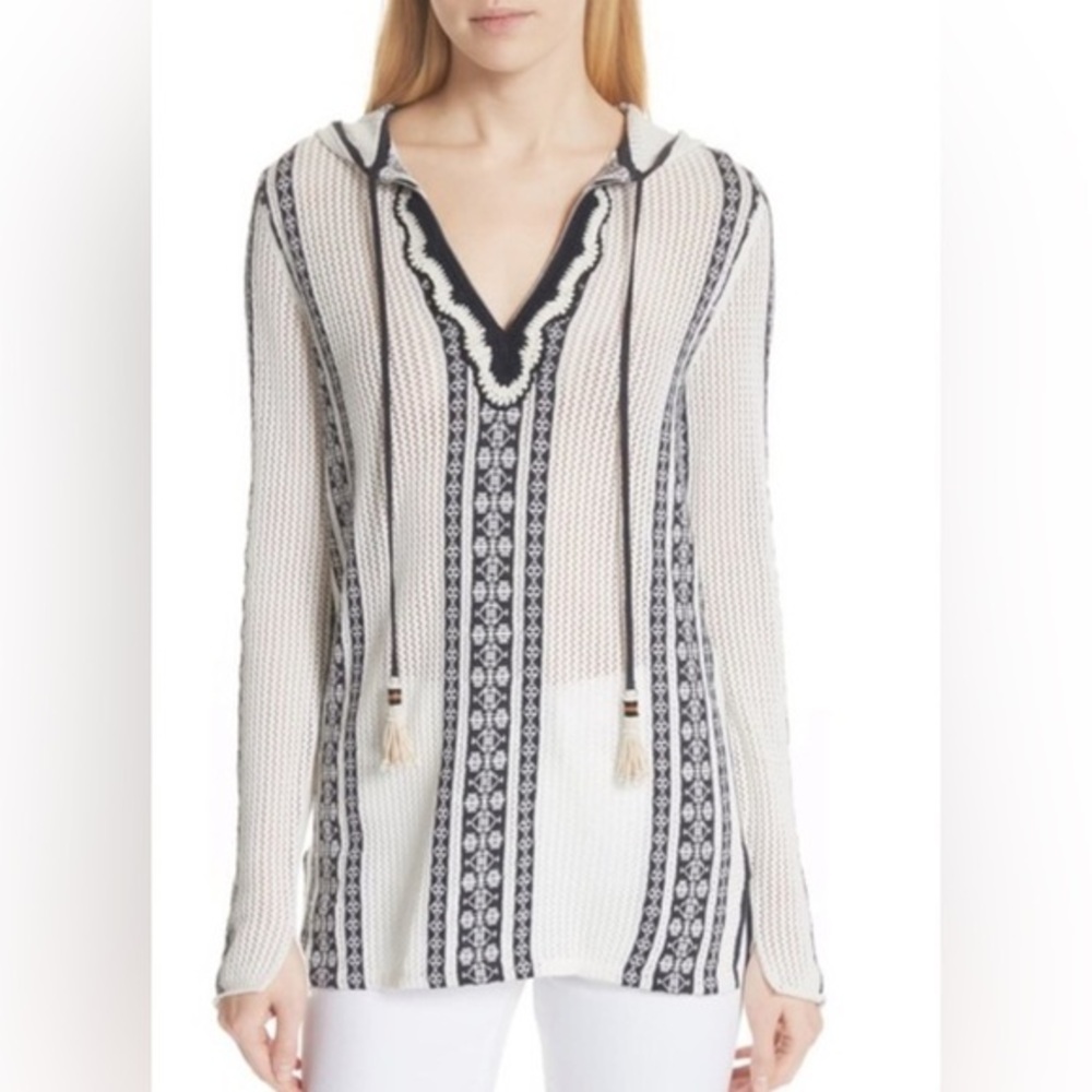 TORY BURCH Size XS • Ripa White Navy Knit Hooded Pullover Cover Up Tunic.